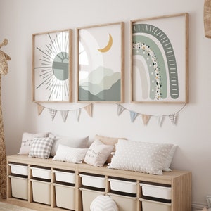 Lot de 3 imprimés bohèmes pour chambre de bébé, affiches de chambre de bébé soleil arc-en-ciel et lune, déco murale d'art mural pour chambre d'enfant, estampes d'art abstrait, impression de montagne du milieu du siècle