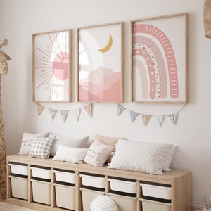Boho Nursery Pink Prints Set of 3, Sun Rainbow Moon Baby Room Posters, Kids Room Wall Art Decor, Abstract Art Prints, Digital printable Art