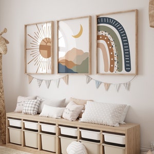 Lot de 3 imprimés bohèmes pour chambre de bébé, affiches de chambre de bébé soleil arc-en-ciel lune, décoration naturelle pour chambre de bébé entre les sexes, salle de jeux pour enfants, impressions abstraites du milieu du siècle