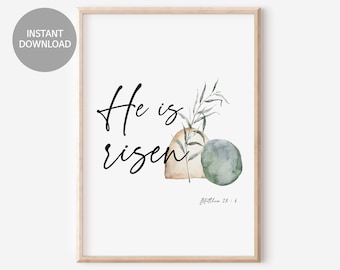 Impresión en acuarela de "Él ha resucitado": Versículo bíblico de Pascua (descarga digital)