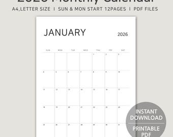 2026 Druckbares Kalender-Hochformat, A4 & Letter Format, Monatsplaner, minimalistischer vertikaler Kalender, Montag, Sonntag Start, PDF Digitaler Download