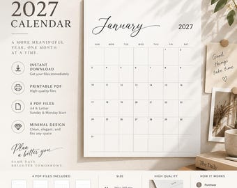 2027 Printable Calendar, Minimalist Monthly Calendar, Sunday Monday Start, A4 & US Letter PDF, Instant Digital Download