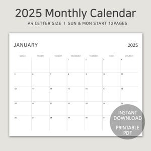 2025 Printable Calendar, A4, Letter Size Monthly Planner, Landscape Monday & Sunday Start, Minimalist PDF Digital Download, Instant Download