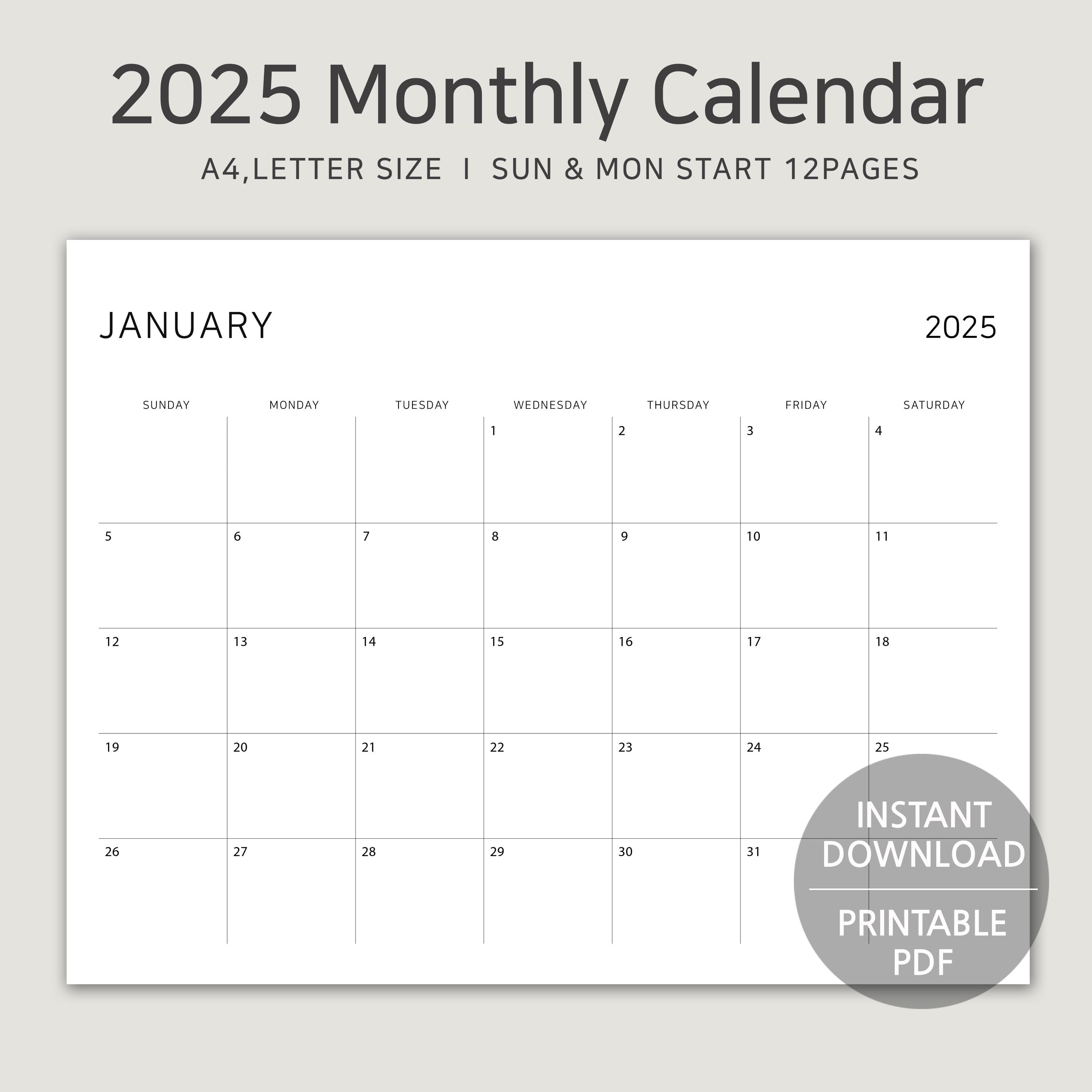 2025 Minimalist Calendar: A4 & Letter Size, Sunday/monday Start (PDF
