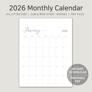 2026 Printable Calendar Portrait, A4 & Letter Size Monthly Planner, Minimalist Vertical Calendar, Monday, Sunday Start, PDF Digital Download