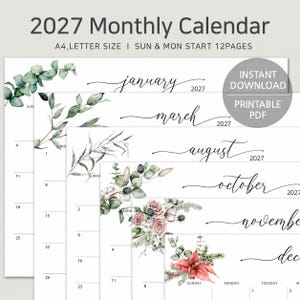 May include: A 2027 monthly calendar printable PDF featuring 12 pages with A4 and letter size options. Each page displays a month name in elegant script, numbered dates, and watercolor botanical illustrations including eucalyptus, roses, and poinsettias.