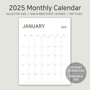 2025 Printable Calendar, A4, Letter Size, Monthly Planner, Vertical Monday & Sunday Start, Minimalist PDF Digital Download, Instant Download