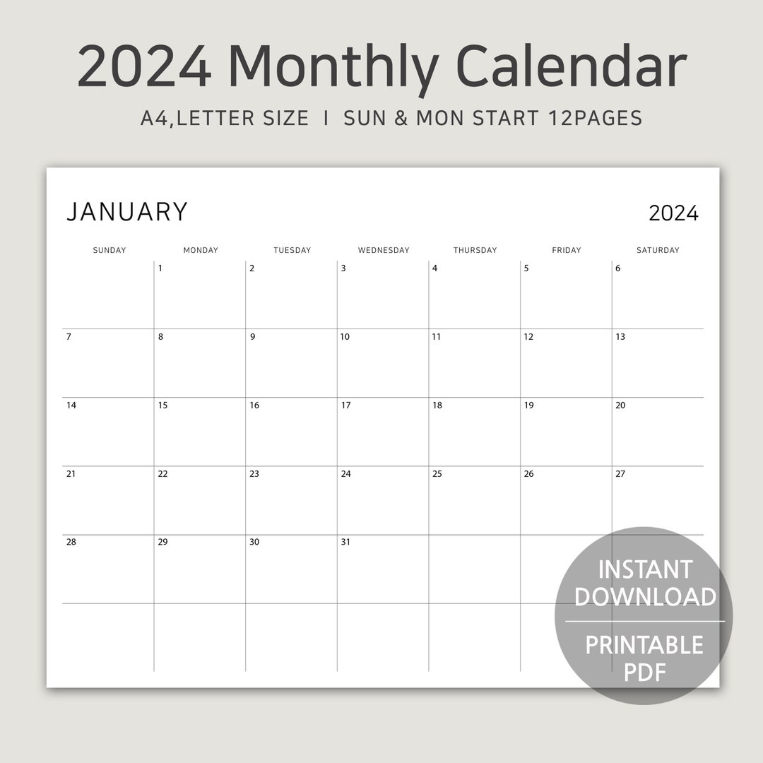 2024 Printable Calendar A4 Letter Size Monthly Planner - Etsy Ireland