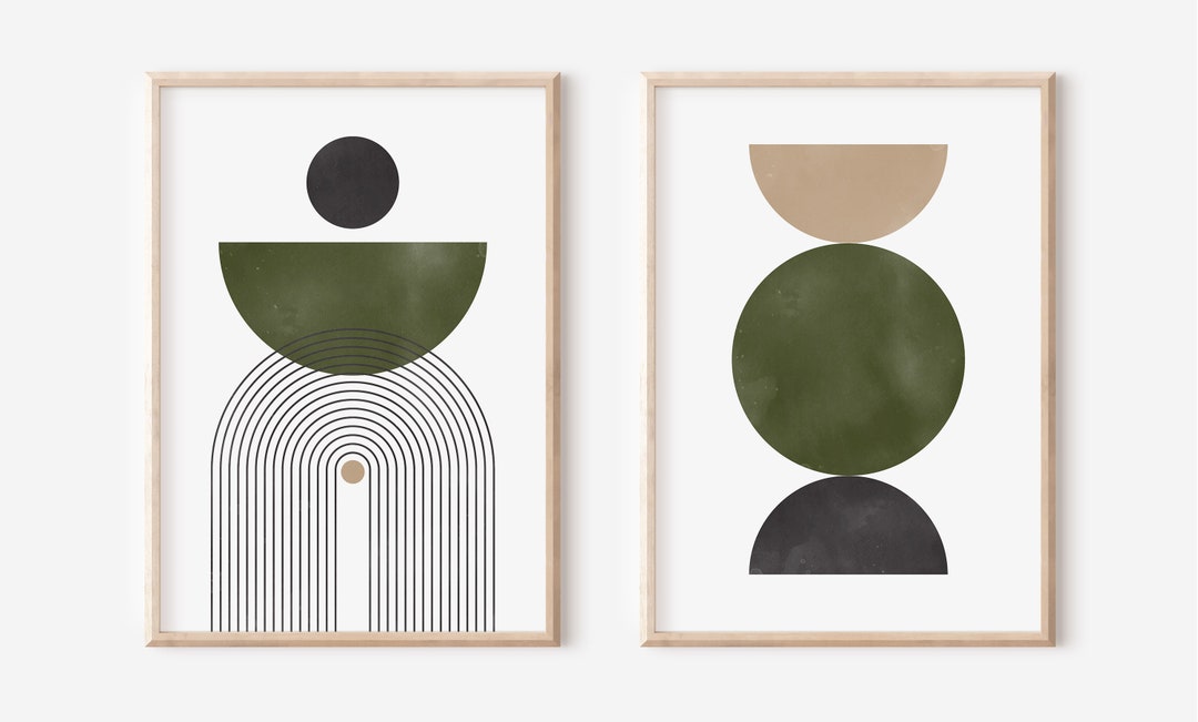 Mid Century Modern Wall Print Set of 2, Green Water Color Abstract Art ...