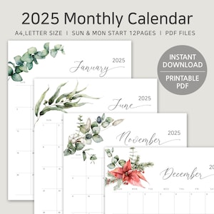 Calendario imprimible 2025, tamaño A4, carta, planificador mensual de eucalipto con acuarela, inicio vertical lunes y domingo, descarga digital minimalista en PDF