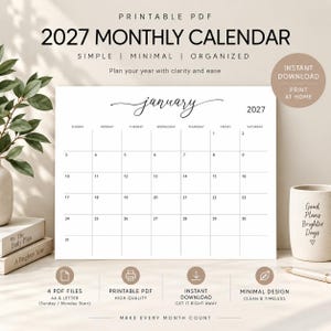 May include: A printable 2027 monthly calendar in a white landscape format with black text. The header displays the year 2027 and the month January in a script font. The grid layout includes days of the week from Sunday to Saturday.