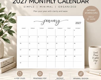 2027 Printable Calendar, Monthly Planner PDF, Minimalist Calendar, A4 Letter, Sunday and Monday Start