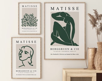 Dark Green Matisse Print Set of 3, Boho Abstract Living Room Wall Decor, Matisse Exhibition Poster, Minimalist Modern Digital Printable Art