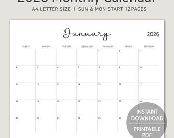 2026 Minimalist Landscape Calendar: A4 Monthly Planner (Digital Download)