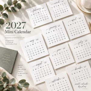 May include: A 2027 mini calendar set featuring twelve white square cards with black text, each displaying a month, days of the week, and dates. The text includes 2027 Mini Calendar, Sunday & Monday Start, 12 Months, 3 x 3 Inch Printable PDF, Print, Plan, Organize, Enjoy, A Brighter Year, Good Plans Brighter Days, and Small Calendar Big Plans.