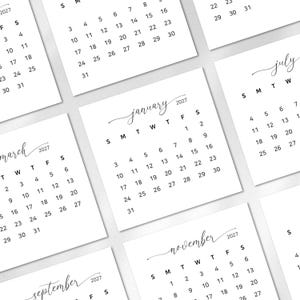 May include: A collection of square calendar pages for the year 2027, featuring a white background with black text. Each page displays the month name in a cursive script, followed by a grid of dates organised by days of the week from Sunday to Saturday.