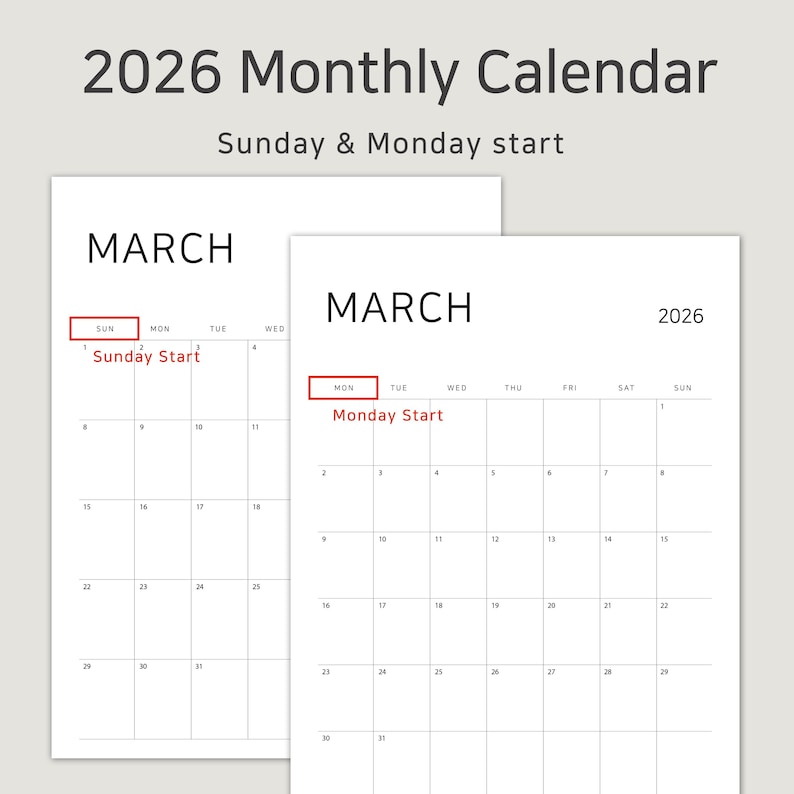 2026 Printable Calendar Portrait, A4 & Letter Size Monthly Planner ...