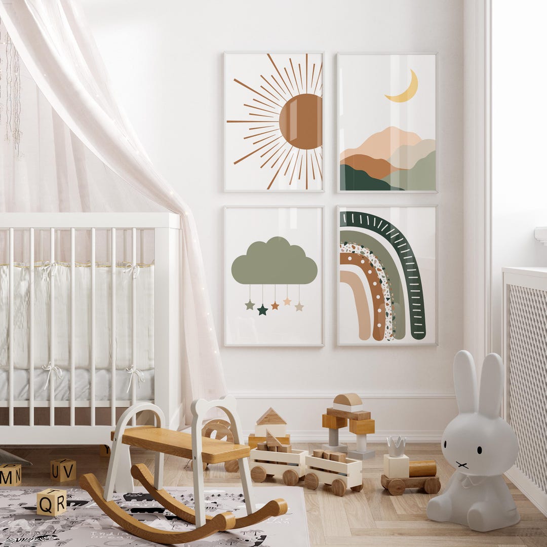Boho Nursery Print Set of 4, Sun Rainbow Moon Baby Room Posters, Gender ...