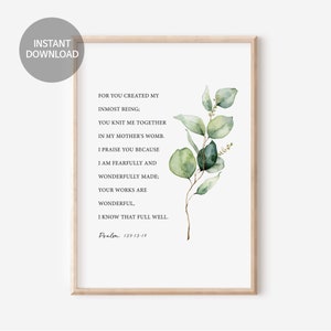 Fearfully And Wonderfully Made Wall Art, Psalm 139:13-4, Christian Home Decor, Bible Verse Printable Gift, Botanical Eucalyptus Print Poster