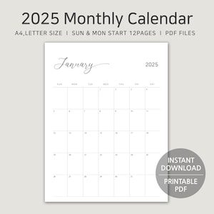 2025 Printable Calendar, A4, Letter Size, Monthly Planner, Vertical Monday & Sunday Start, Minimalist PDF Digital Download, Instant Download