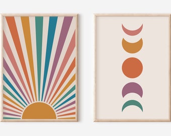 Conjunto de impresiones de Sol y Luna: Arte geométrico arcoíris bohemio (descarga digital)