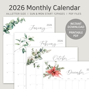 2026 Printable Calendar, Vertical Monthly Planner, A4 Letter PDF, Minimalist Watercolor Eucalyptus, Monday & Sunday Start, Digital Download