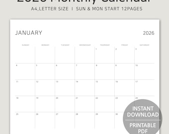 2026 Minimalist Landscape Calendar: A4 Monthly Planner (Digital Download)