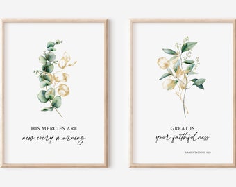 Lamentations 3:23 Bible Verse Wall Art set 2,  Christian Abstract Print, His mercies are new every morning, Eucalyptus Printable Wall Poster