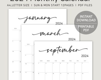 2024 Printable Minimalist Calendar, A4, Letter Size, Monthly Planner, Vertical Monday & Sunday Start, PDF Digital Download, Instant Download