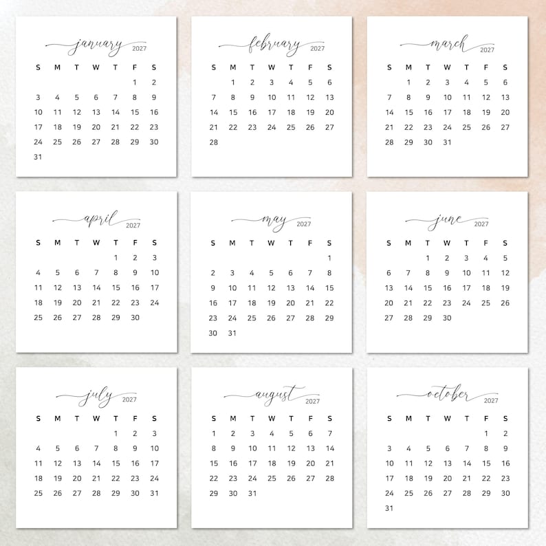 May include: A set of nine white square calendar pages for the year 2027, featuring months from January to October. Each page displays the month name in a black cursive script, the year 2027, and a grid of dates with black sans-serif numerals.