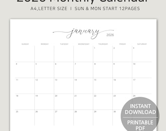2026 Minimalist Landscape Calendar: A4 Monthly Planner (Digital Download)