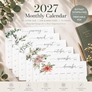 May include: A 2027 monthly calendar printable PDF set featuring 12 pages with floral and eucalyptus illustrations. The pages include text for months like January, March, August, October, November, and December, with A4 and letter size options.