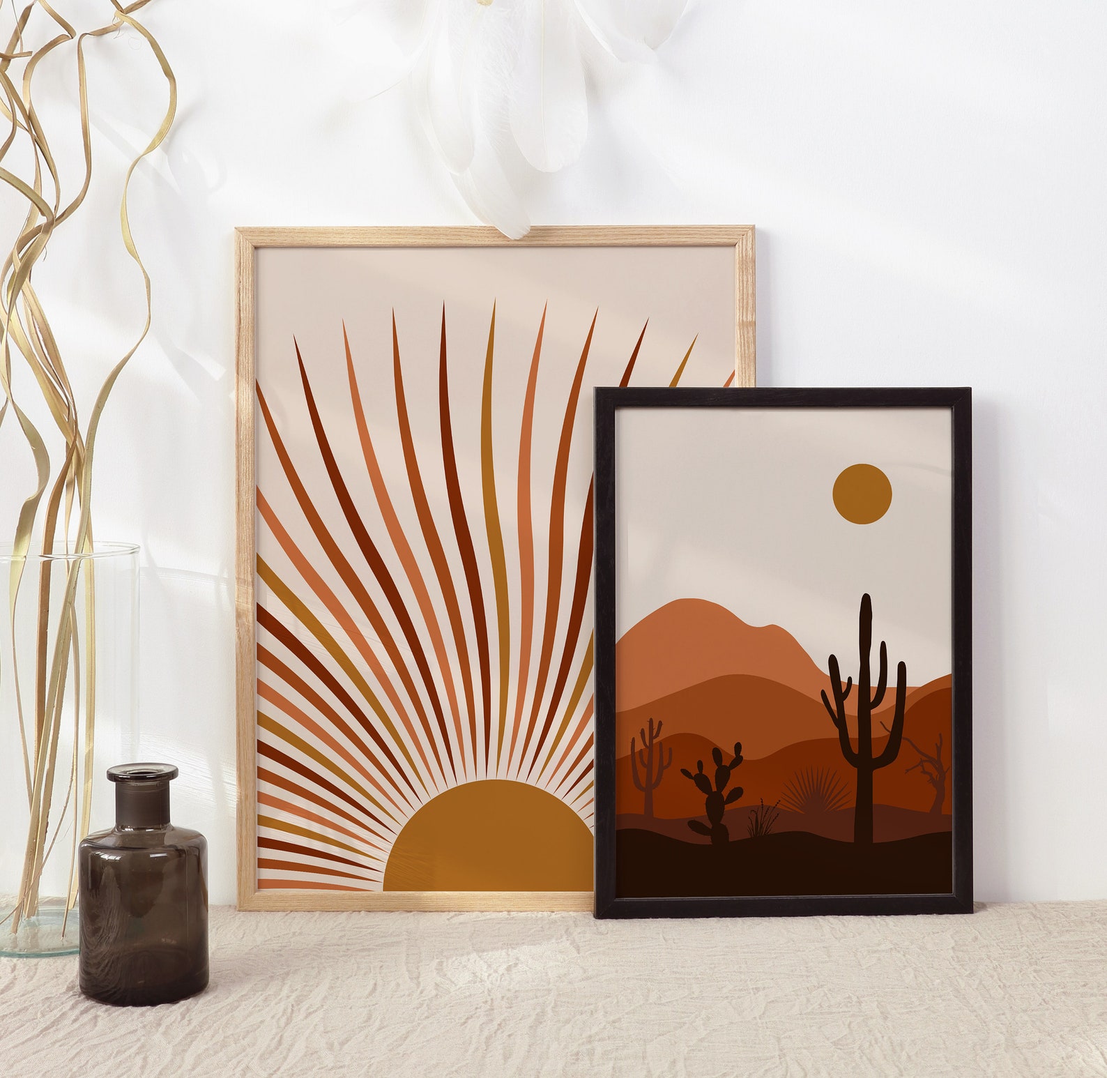 Desert Abstract Design Desert Abstract Wall Art, Sun and Mountain Landscape Print, Boho Wall ...