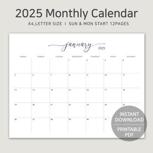 2025 Printable Calendar, A4, Letter Size Monthly Planner, Landscape Monday & Sunday Start, Minimalist PDF, Wall Calendar, Instant Download