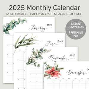 Calendario imprimible 2025, tamaño A4, carta, planificador mensual con hojas de acuarela, inicio en lunes y domingo con líneas verticales, descarga digital minimalista en PDF