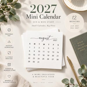 May include: A 2027 mini calendar featuring a 12-month layout from January to December. The white square calendar displays the month of August 2027 with a Sunday and Monday start option. It includes text indicating a 3 x 3 inch mini size.