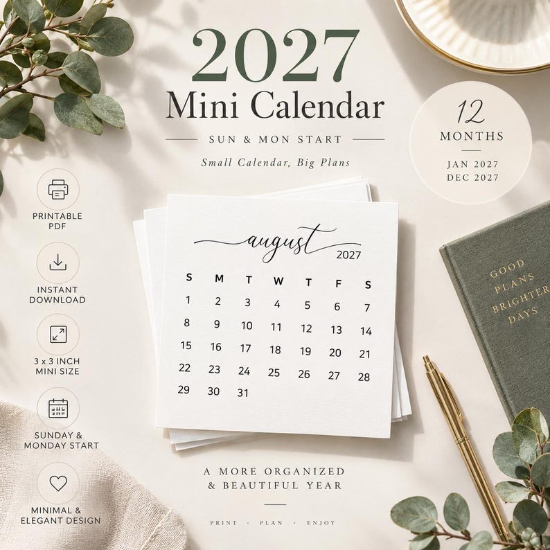 May include: A 2027 mini calendar featuring a 12-month layout from January to December. The white square calendar displays the month of August 2027 with a Sunday and Monday start option. It includes text indicating a 3 x 3 inch mini size.