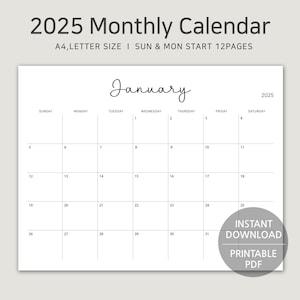 2025 Printable Calendar, A4, Letter Size Monthly Planner, Landscape Monday & Sunday Start, Minimalist PDF, Wall Calendar, Instant Download