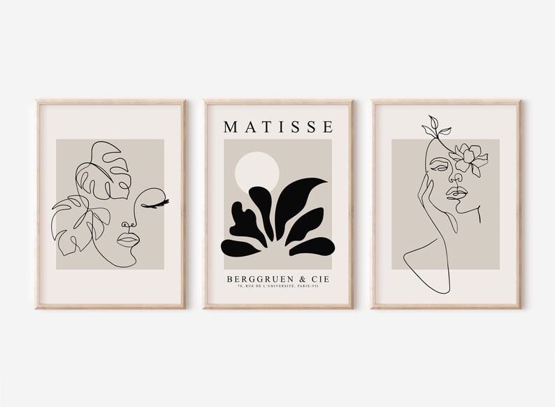 Woman Line Wall Art Print, Female Figure Line Art Set, Abstract Female Line Drawing, Set of 3 Matisse Printable Poster, Boho Minimalist Face image 2