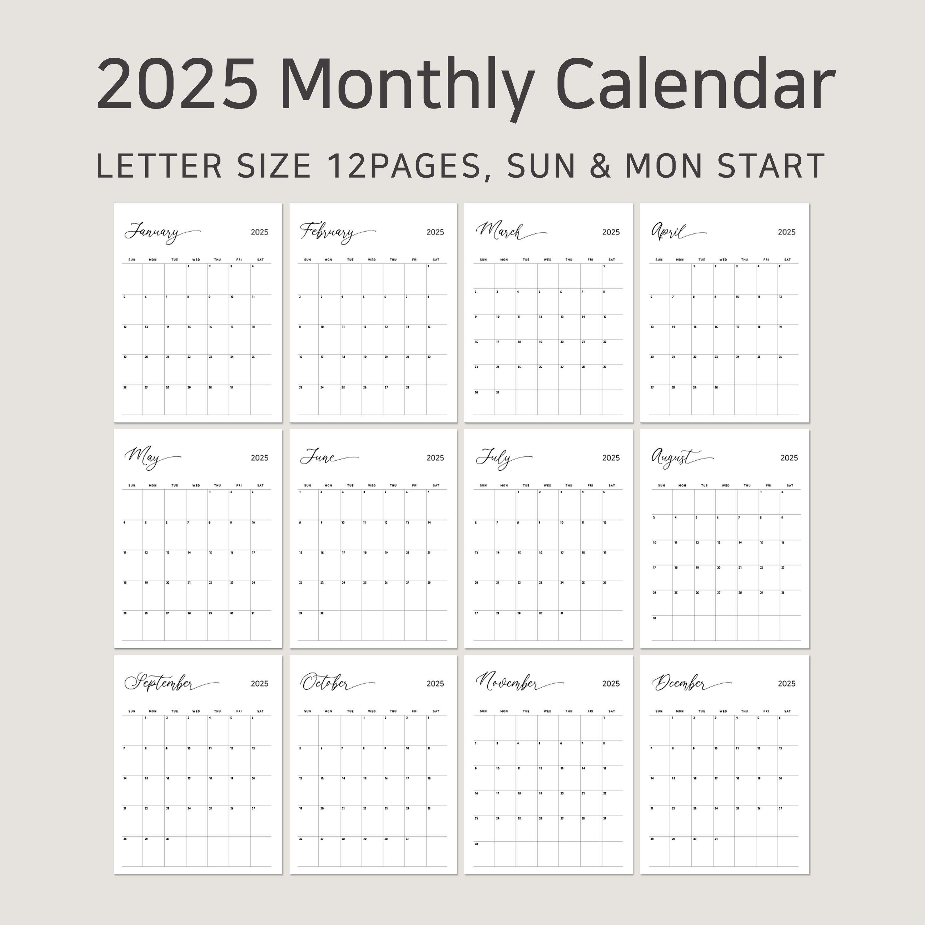 2025 Printable Monthly Calendar: Minimalist A4/letter (PDF Digital