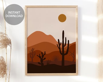 Desert Abstract Wall Art, Sun and Mountain Landscape Print, Boho Wall Decor Printable Art, Cactus Minimalist Print , Western Cactus Wall Art