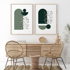 Mid Century Modern Wall Print Set of 2, Green Prints, Abstract Wall Art ...