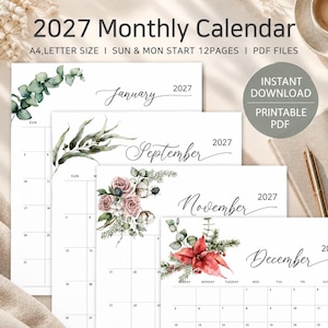 May include: A 2027 monthly calendar printable PDF set featuring 12 pages in A4 and letter size. Each page displays a month name in script, a grid for dates, and botanical illustrations including eucalyptus, roses, and a red poinsettia.