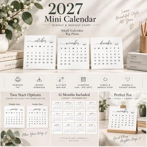 May include: A 2027 mini calendar set featuring white square cards with black text for October, November, and December. The design includes Sunday and Monday start options, a 3 x 3 inch size, and a 12-month layout from January to December.