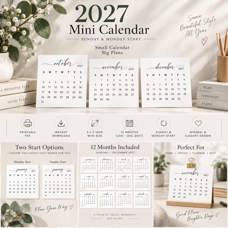 May include: A 2027 mini calendar set featuring white square cards with black text for October, November, and December. The design includes Sunday and Monday start options, a 3 x 3 inch size, and a 12-month layout from January to December.