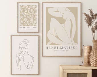 Neutral Beige Matisse Print Set of 3, Boho Abstract Living Room Wall Decor, Woman Line Art Poster, Minimalist Modern Printable Gallery Art