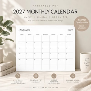 May include: A printable 2027 monthly calendar PDF featuring a clean white grid layout with black text. The calendar displays the month of January 2027 with days of the week from Sunday to Saturday. The design includes the text 2027 MONTHLY CALENDAR.