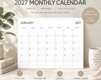 2027 Printable Calendar, Minimalist Monthly Calendar, A4 & US Letter, Sunday Monday Start, PDF