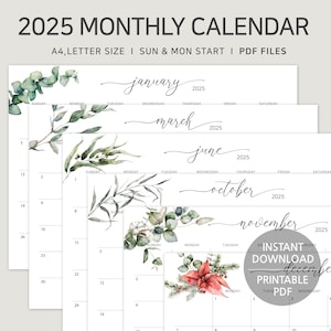 Calendario imprimible 2025, tamaño A4, carta, planificador mensual de eucalipto con acuarela, inicio en lunes y domingo en horizontal, descarga digital minimalista en PDF