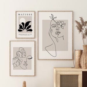 Woman Line Wall Art Print, Female Figure Line Art Set, Abstract Female Line Drawing, Set of 3 Matisse Printable Poster, Boho Minimalist Face image 3